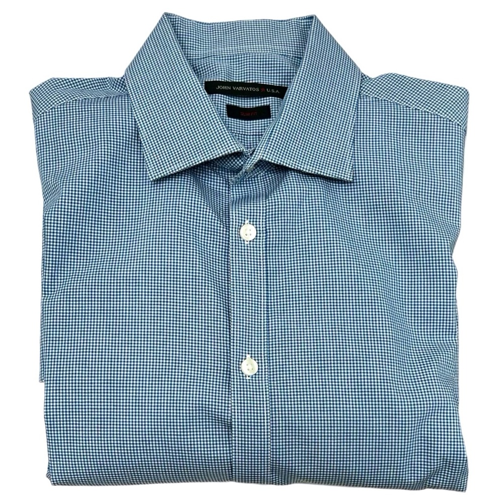 JOHN VARVATOS STAR U.S.A. SLIM FIT BLUE & WHITE MICRO CHECK BUTTON DOWN SHIRT